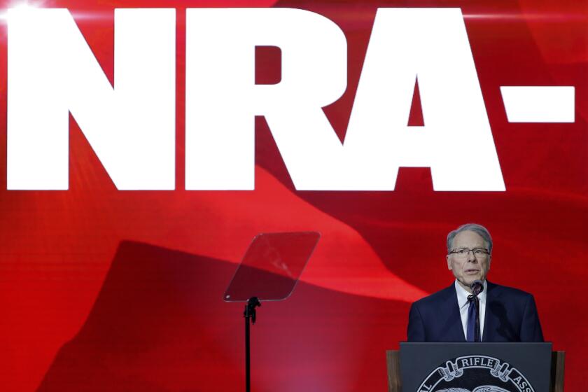 FILE - National Rifle Association executive vice president Wayne LaPierre speaks during the Leadership Forum at the NRA-ILA Meeting at the George R. Brown Convention Center Friday, May 27, 2022, in Houston. The National Rifle Association is kicking off its annual meeting Friday, May 17, 2024, in downtown Dallas, gathering for the first time in decades without Wayne LaPierre at the helm, as board members prepare to elect his replacement. (AP Photo/Michael Wyke, file)