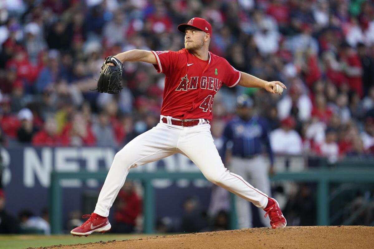 Angels pitcher Reid Detmers throws during the second inning against the Tampa Bay Rays.