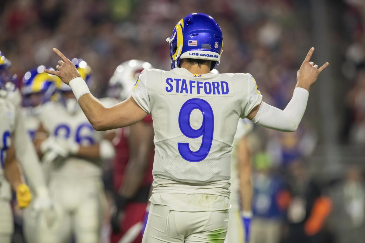 Rams quarterback Matthew Stafford signals during a win over the Arizona Cardinals on Monday.