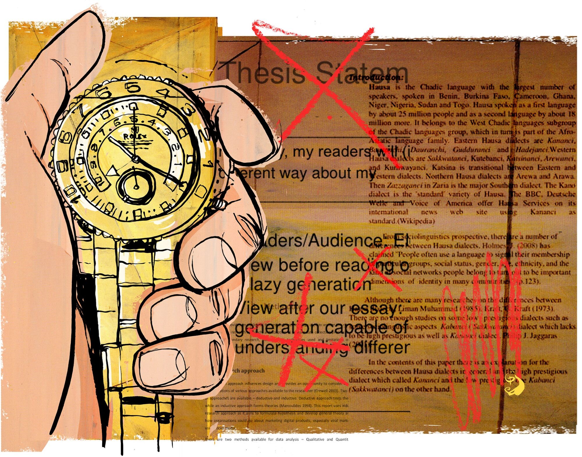 Illustration of a Rolex watch and academic papers.