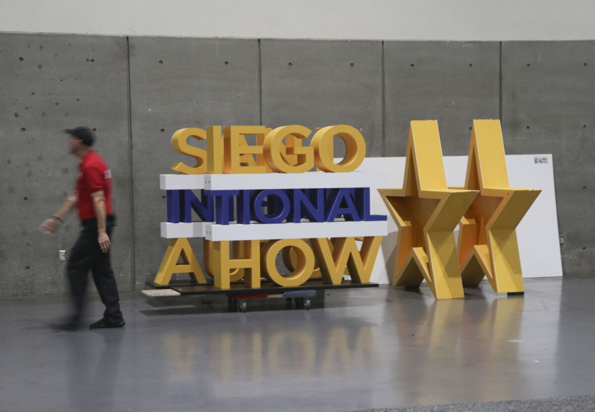 Signage awaits preparations for the 2023 San Diego Auto Show.