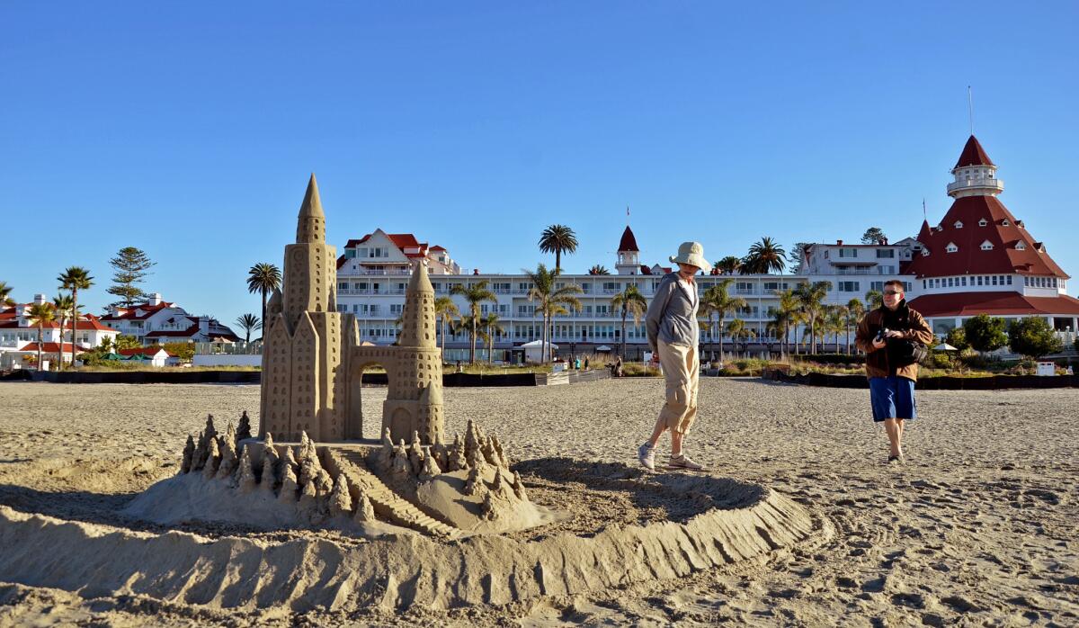Coronado Beach in San Diego, with a sand castle and the Hotel del Coronado.