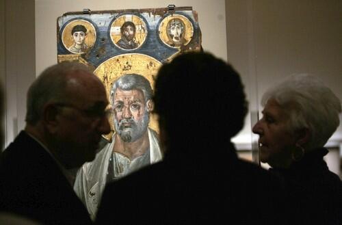 "Saint Peter the Apostle", an encaustic on panel from the year 5005 is part of an art exhibit at the J. PaulGetty Musuem in Los Angeles called, "Holy Image, Hallowed Ground: Icons From Sinai.