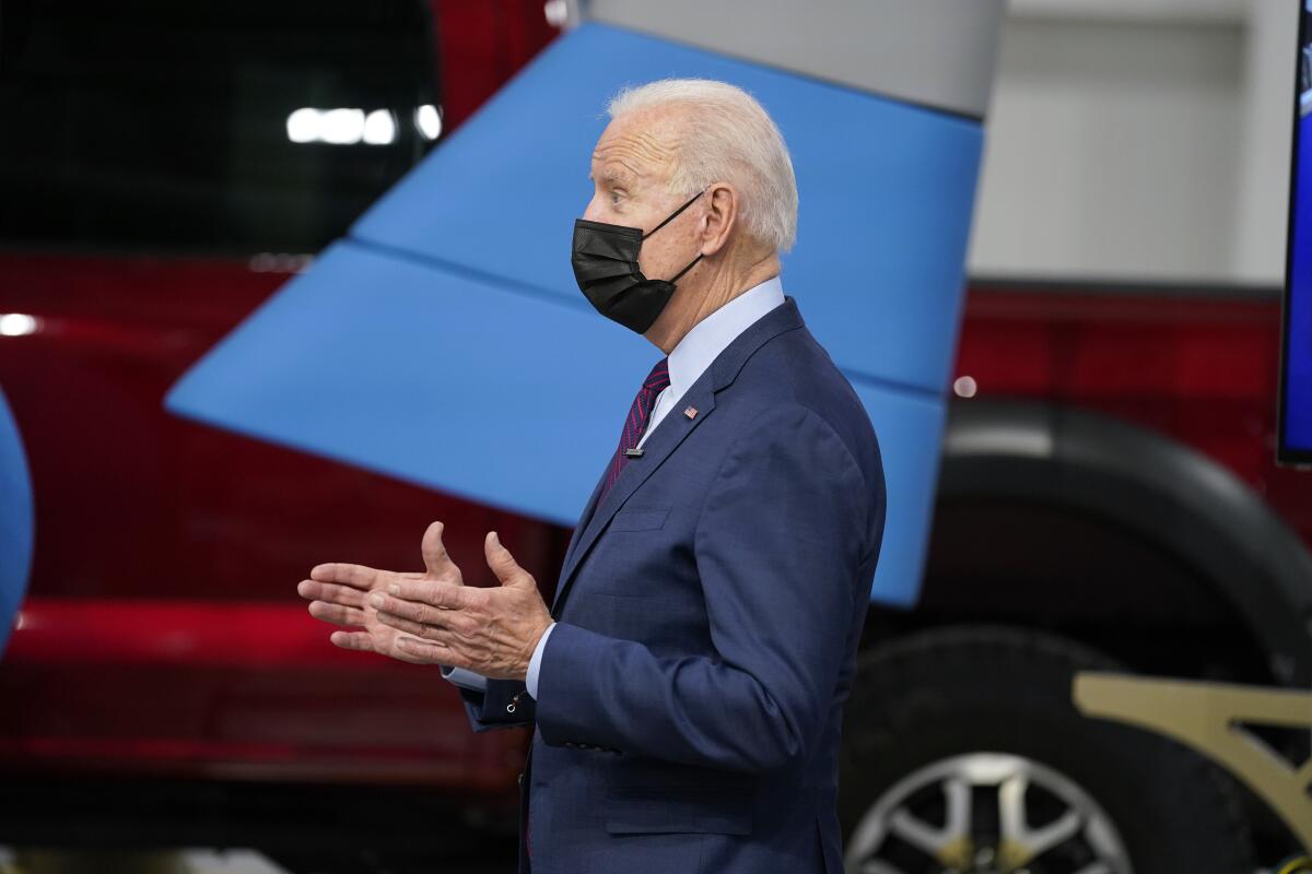 President Joe Biden speaks during a tour of the Ford Rouge EV Center, Tuesday, May 18, 2021, in Dearborn, Mich. (AP Photo/Evan Vucci)