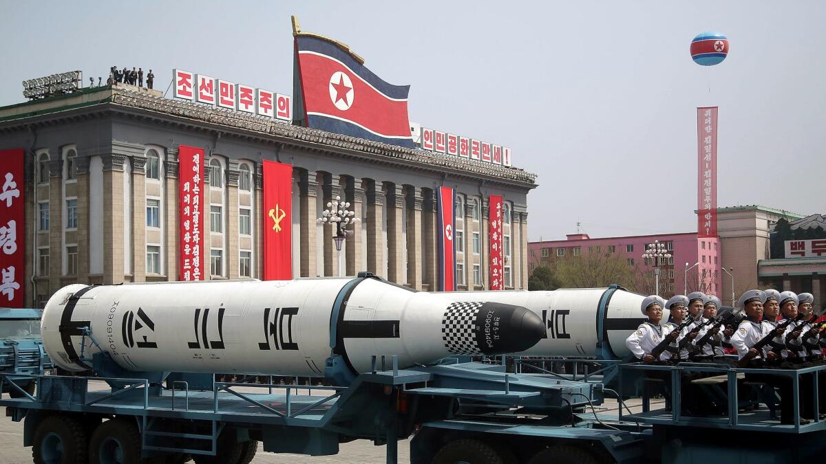 A submarine missile is paraded across Kim Il Sung Square during a military parade in Pyongyang, North Korea on April 15.