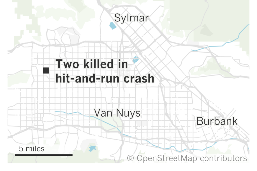 A map of the San Fernando Valley showing where two bicyclists were killed in a hit-and-run crash in Chatsworth