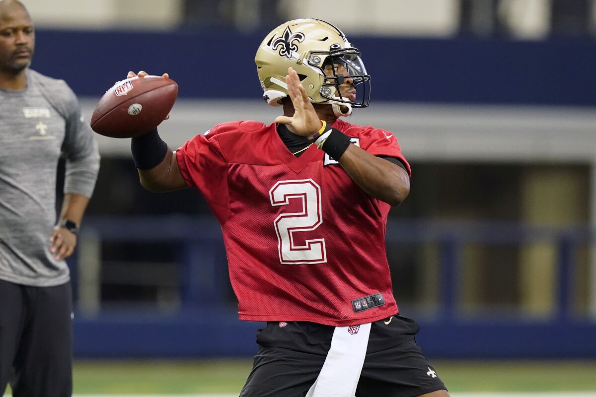 New Orleans Saints quarterback Jameis Winston passes during practice on Aug. 31.