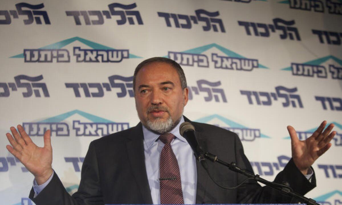 Israeli Foreign Minister Avigdor Lieberman speaks to the media Thursday during an event for his political party in Tel Aviv.