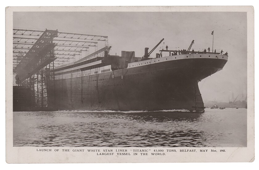 A photo copy provided by RR Auction of a postcard dated May 31, 1911, shows the Titanic, in Belfast, Northern Ireland. The postcard was sent with a message written in March 1912 by Jack Phillips, the Titanic's senior wireless operator, to his sister. The postcard is to be auctioned by RR Auction. (RR Auction via AP)