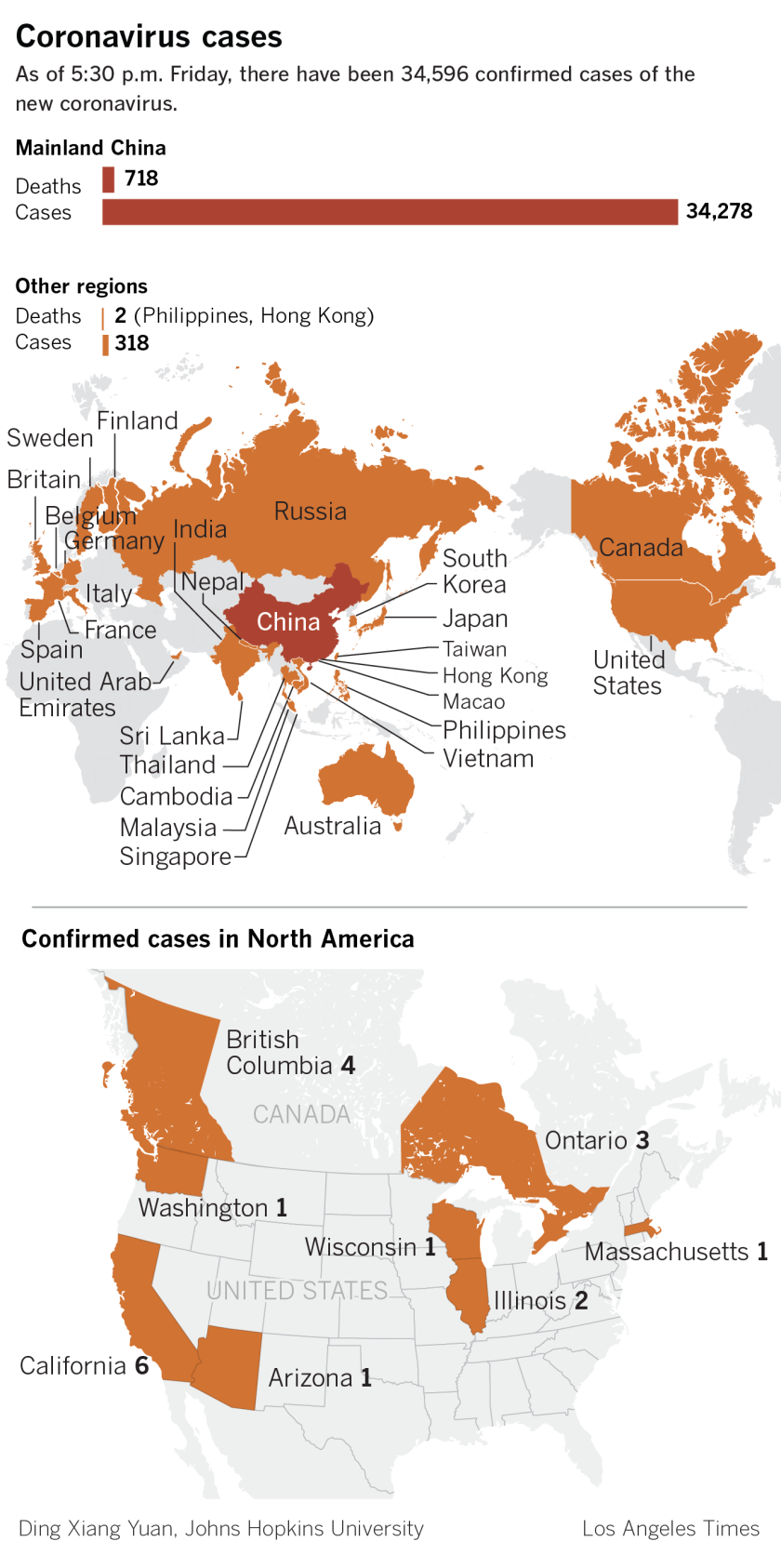A map showing the spread of coronavirus around the world