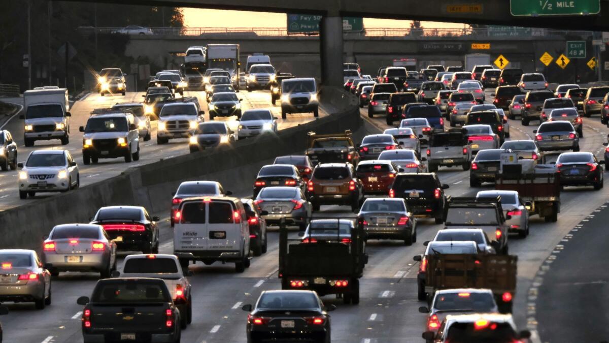 Rush-hour traffic makes its way along the 101 Freeway in downtown Los Angeles in 2016.