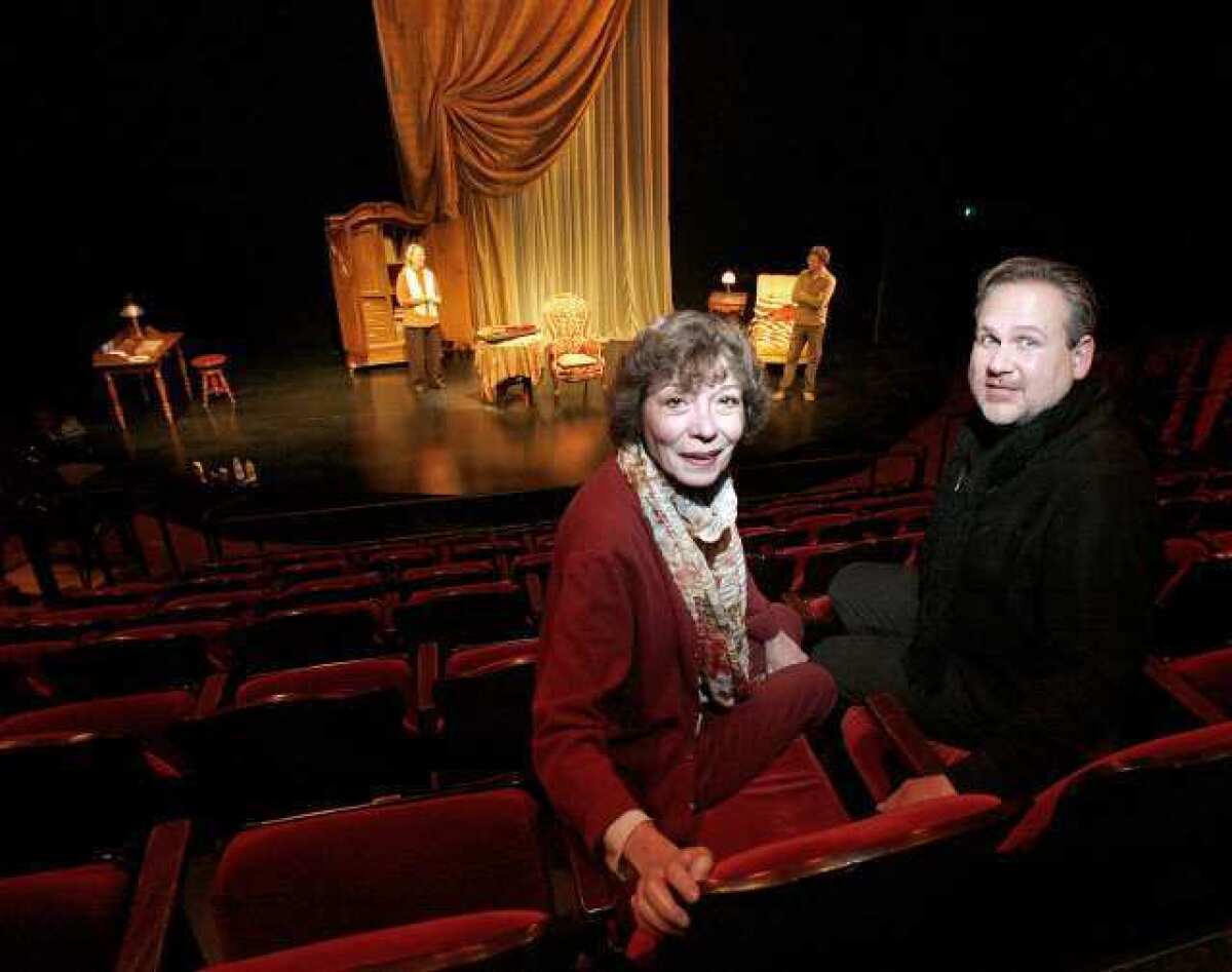 Burbank's Colony Theater's artistic director Barbara Beckley, left, and executive director Trent Steelman, right, inside the theater during rehearsal of "The Morini Strad" in Burbank. The theater is having financial problems.