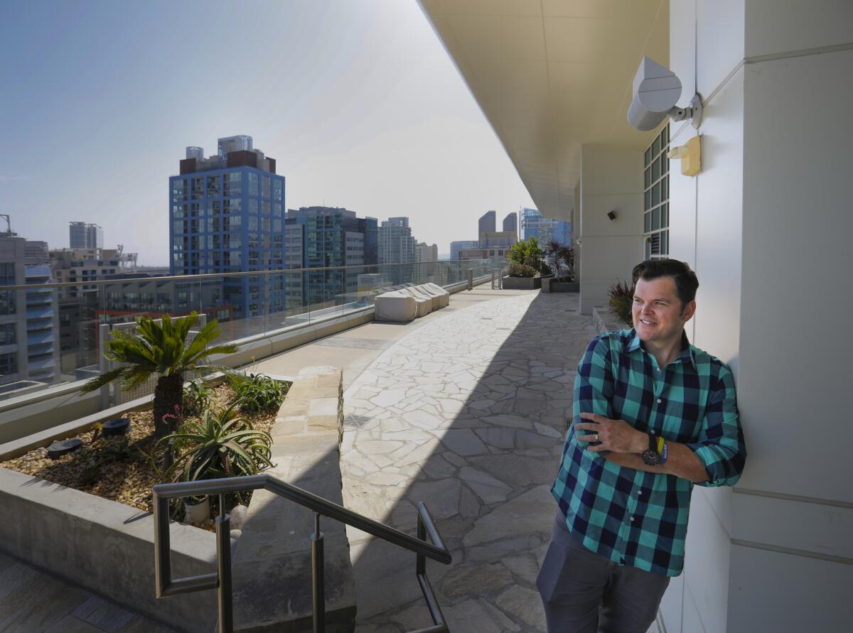 Chef Travis Swikard on the eighth-floor patio at 1195 Island Ave., where his new restaurant Callie will open June 4.
