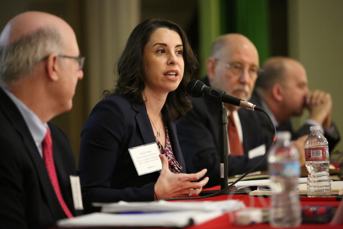 Sarah Angel, a regional director for the California Charter Schools Assn., praises charters at a recent forum on the future of Los Angeles public education. A new group is trying to launch more of these schools.