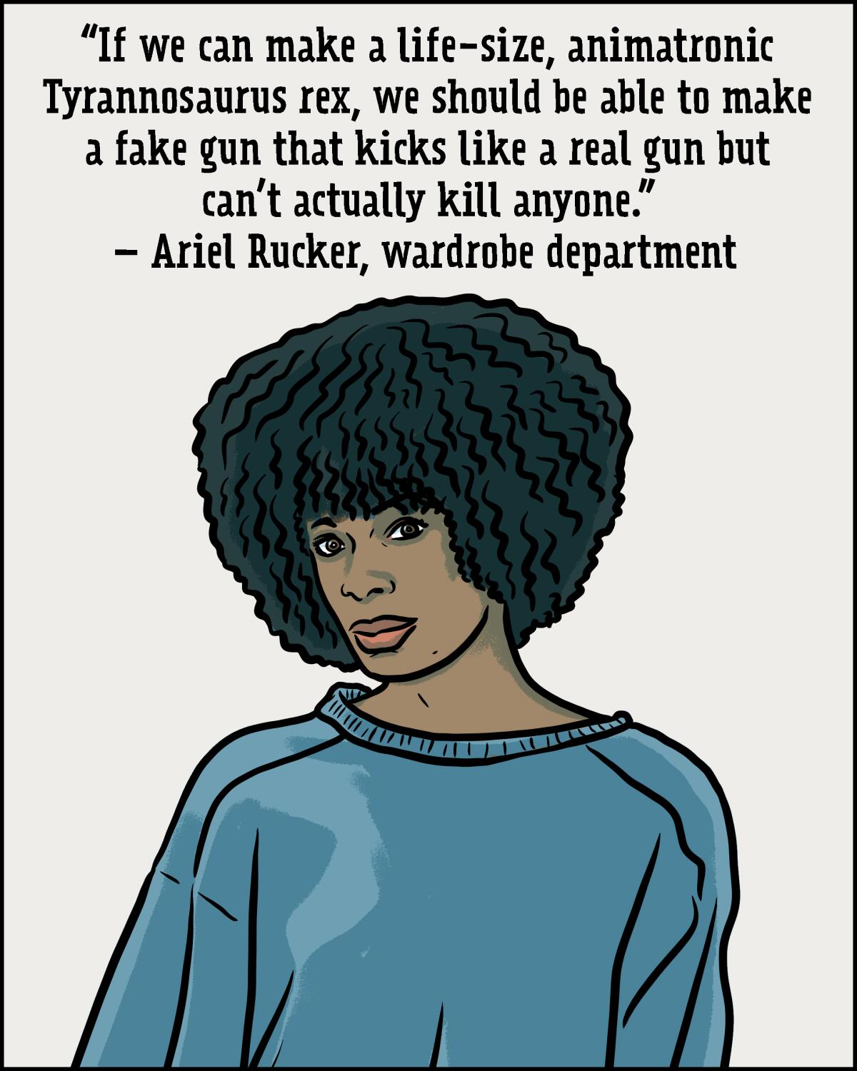 Illustration of a woman with big curly hair wearing a blue sweater. 