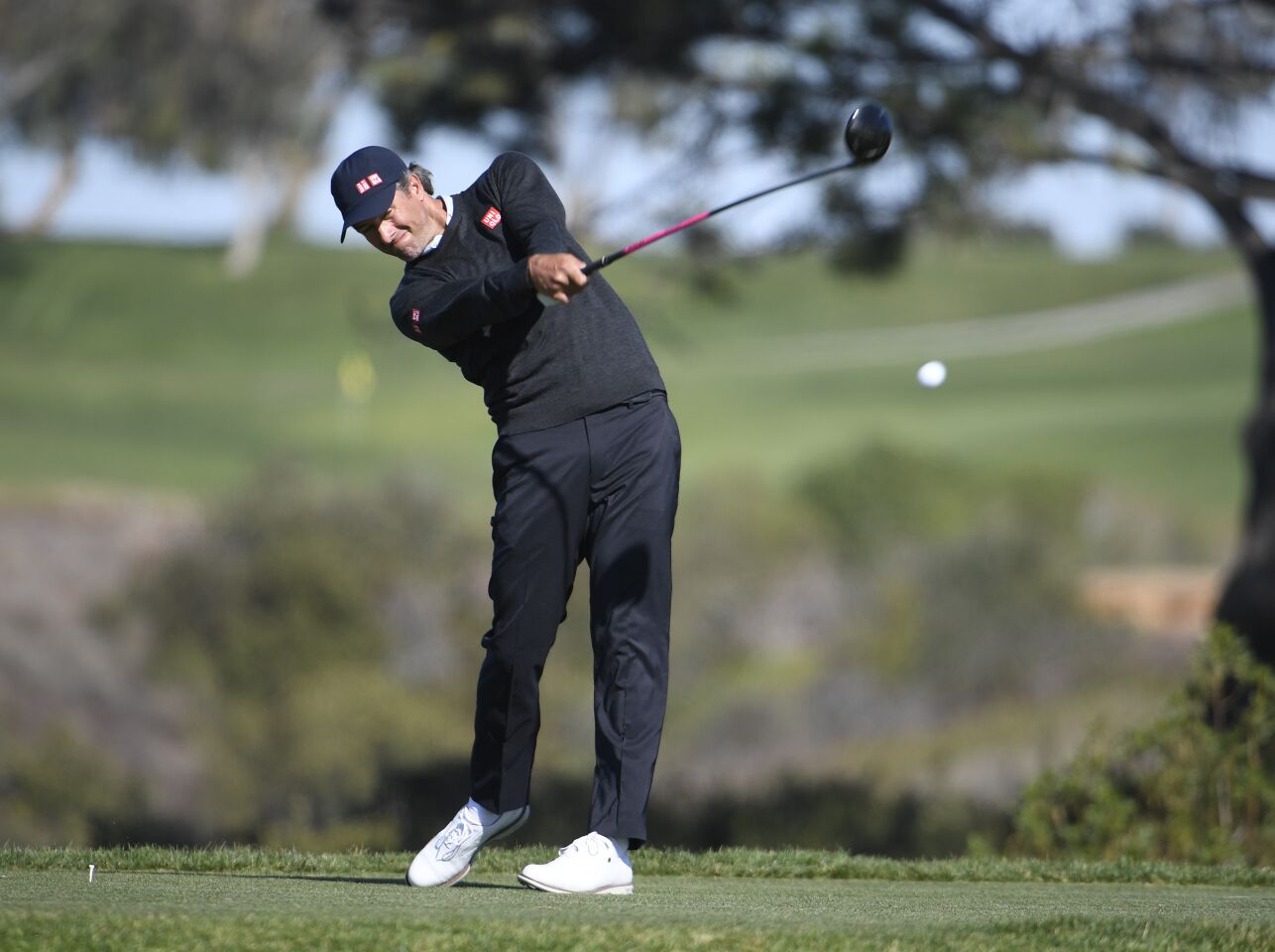 Adam Scott hits his tee shot on the fifth hole on the south course at Torrey Pines during the third round of the 2021 Farmers Insurance Open Saturday, Jan. 30, 2021, in San Diego. (Photo by Denis Poroy)