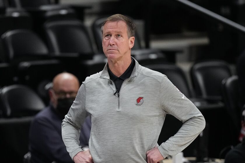 Portland Trail Blazers head coach Terry Stotts looks on against the Denver Nuggets.