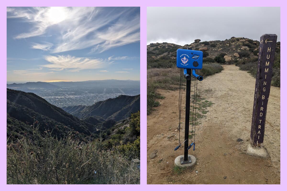 A  sunny valley seen from the top of a mountain, left, and a bike repair station next to a Hummingbird Trail pole.