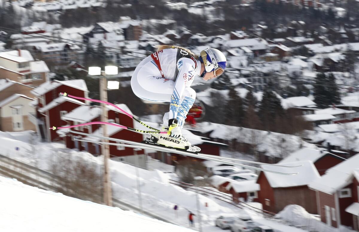 Lindsey Vonn competes in downhill at the 2019 FIS Alpine world championships in Are, Sweden.
