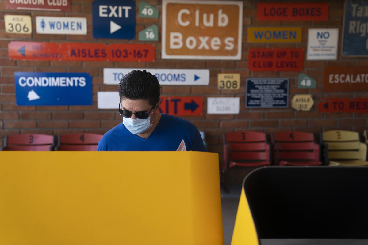 A voter at Dodger Stadium