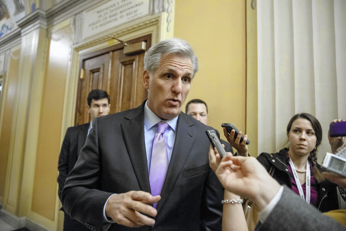 Rep. Kevin McCarthy speaks with reporters on Capitol Hill.