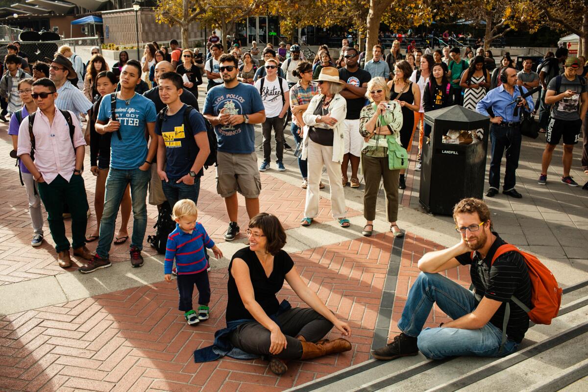 Spectators gather at an event honoring the 50th anniversary of the Free Speech Movement at Sproul Plaza on the University of California, Berkeley campus in 2014.