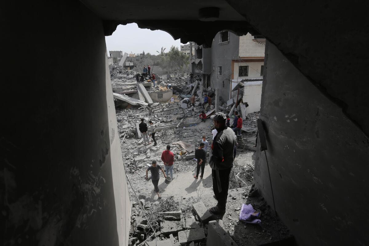 A view of a damaged building at the Maghazi refugee camp after an Israeli attack in Deir al Balah, Gaza.