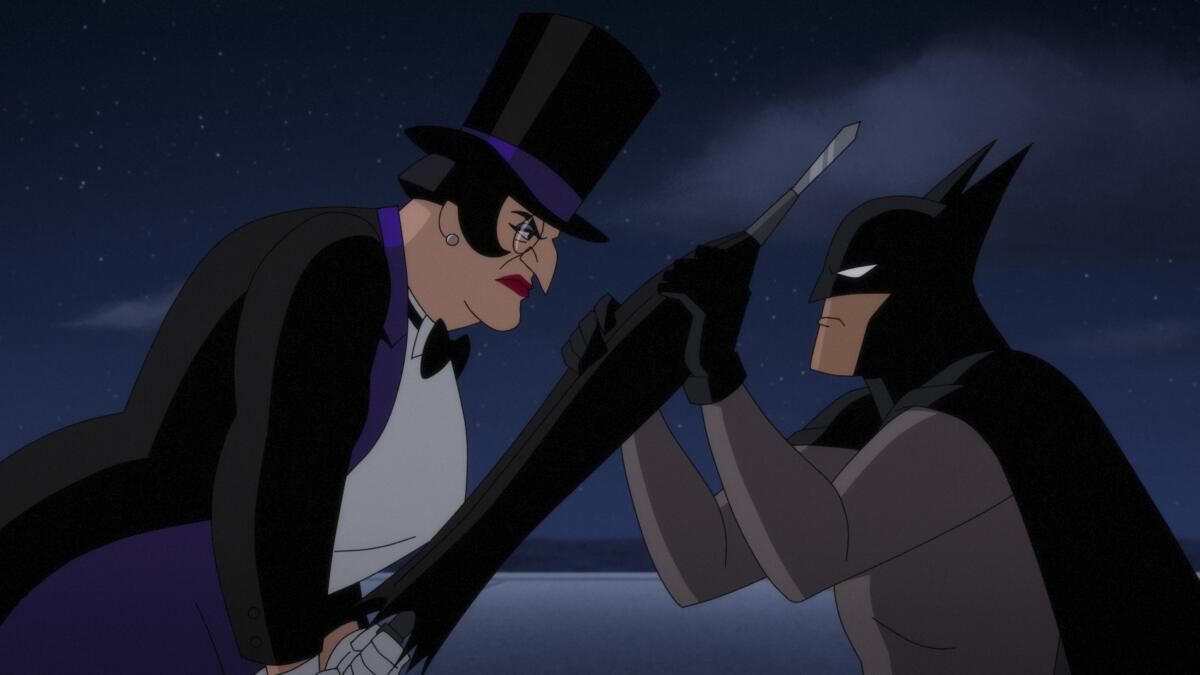 An animated Batman and Penguin face off.