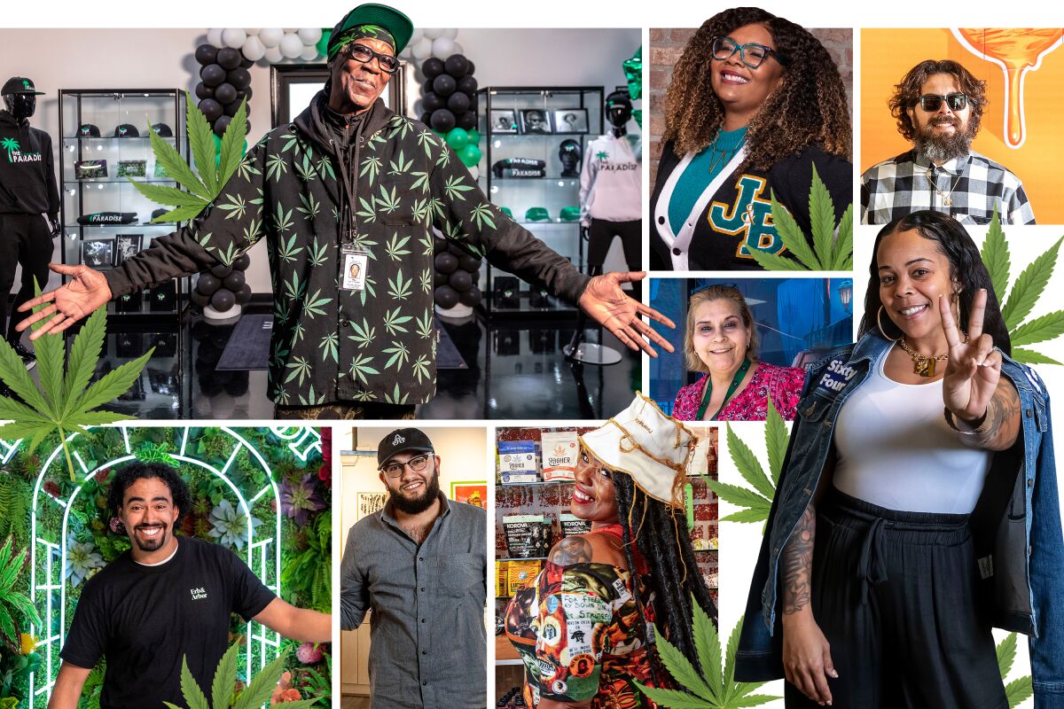 Photo montage of eight cannabis dispensary owners with  marijuana leaves scattered around.