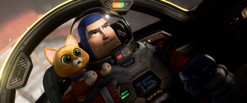 a robot cat and a space ranger in a cockpit 