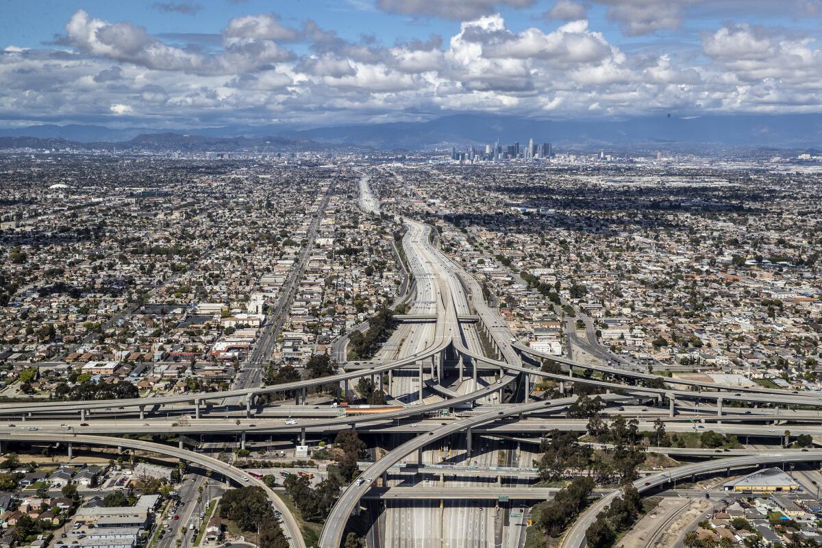 In the time of Coronavirus this is an aerial view of 110 and 105 interchange in Los Angeles.