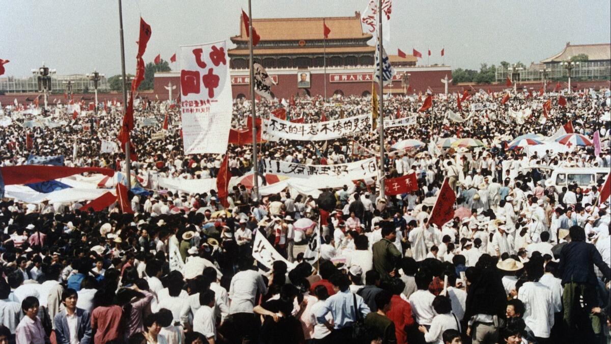 Pro-democracy protesters rally in Beijing's Tiananmen Square on May 17, 1989.