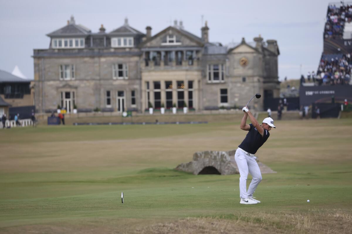 Viktor Hovland plays from the 18th tee during the third round of the British Open at St Andrews on Saturday.