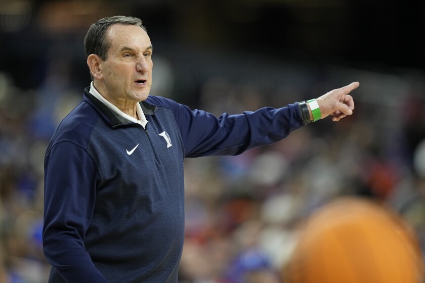 Duke head coach Mike Krzyzewski watches during practice for the men's Final Four NCAA college basketball tournament, Friday, April 1, 2022, in New Orleans. (AP Photo/David J. Phillip)