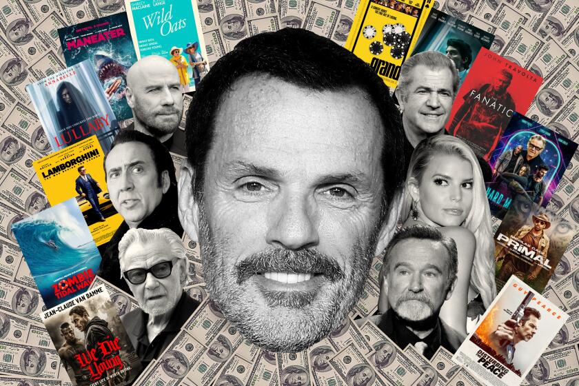 Photo collage illustration of Bret Saxon surrounded by money, movie posters, and celebrities