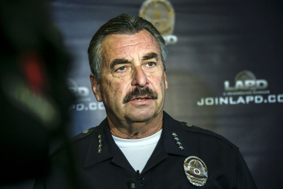 An LAPD commander says others in the department falsely concluded that he gave a blogger information on a horse deal involving the daughter of Chief Charlie Beck. Above, the police chief.