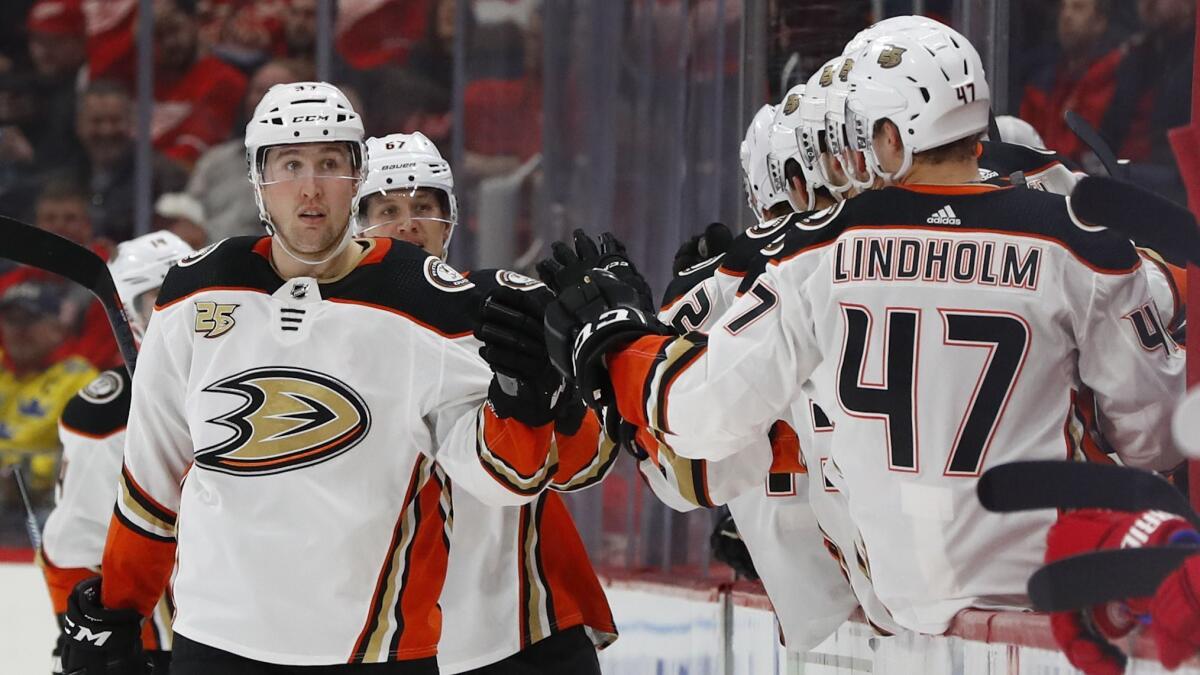 Anaheim Ducks left wing Nick Ritchie celebrates in the second period against the Detroit Red Wings on Jan. 15, 2019, in Detroit.