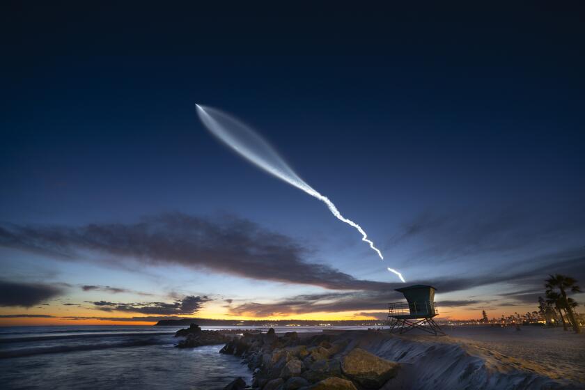 Coronado, CA - March 18: On Monday, March 18, 2024, SpaceX launched a Falcon 9 rocket from Vandenberg Space Force Base at 7:28 p.m. The rocket carrying a payload of 22 Starlink satellites into space became visible from San Diego less than 2 minutes after the launch in Vandenberg. This photo of the Falcon 9 as it soared past San Diego was taken in Coronado, CA. (Nelvin C. Cepeda / The San Diego Union-Tribune)