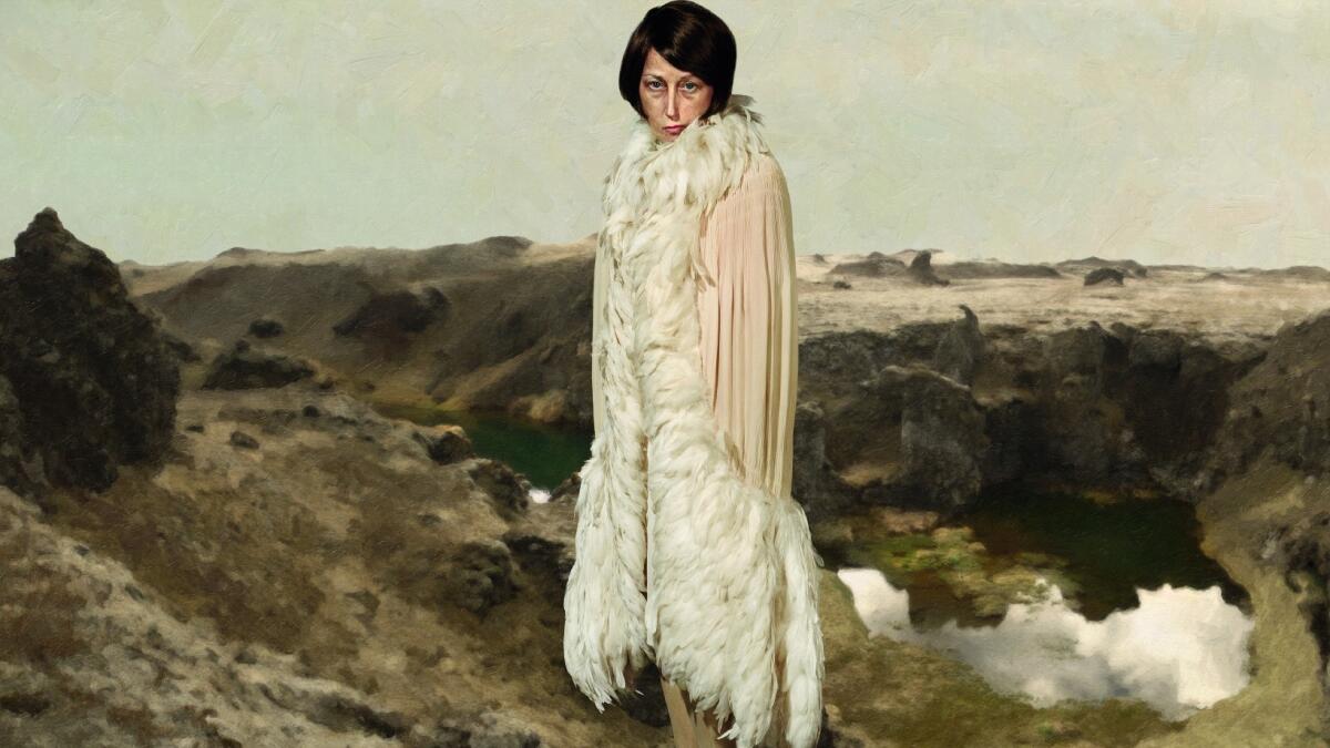 A digitized landscape replaces rear-screen projection to create a sense of location in this detail from a 2010/11 Cindy Sherman portrait of a silent screen star. (The Broad)