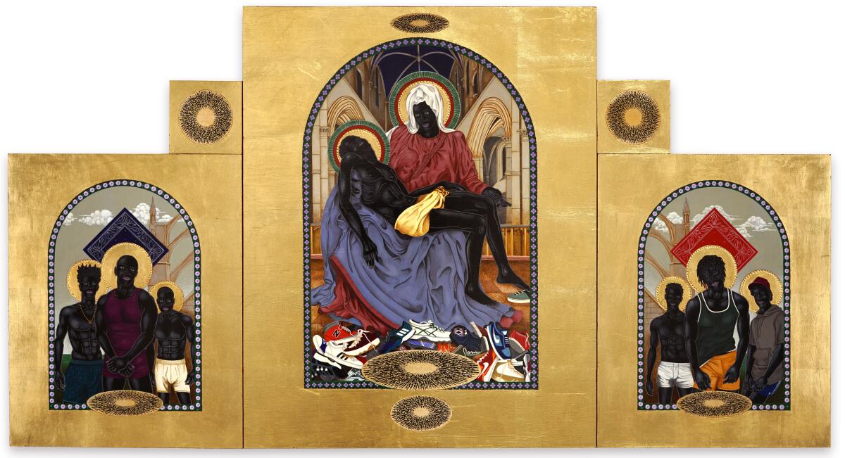 A Renaissance-style painting framed in gold leaf features a Pieta scene with Black figures