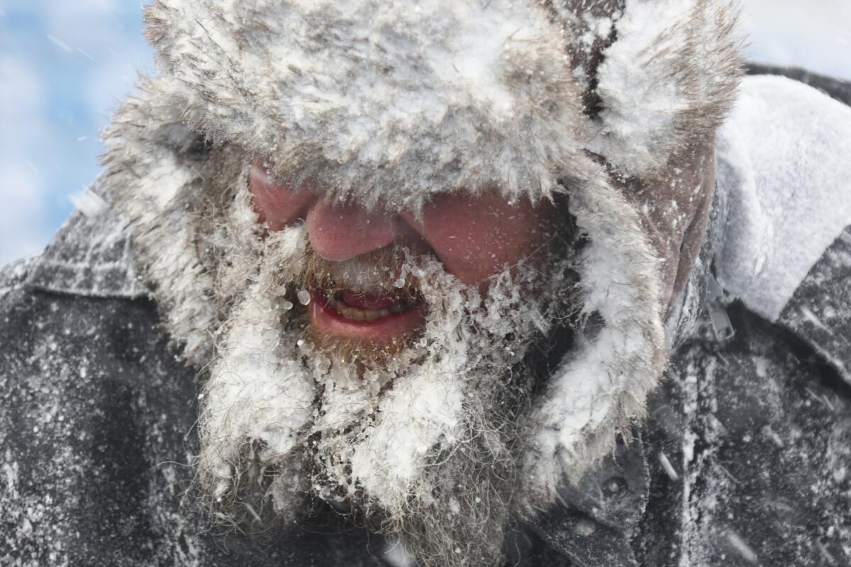 A man's beard and the hood of his jacket are covered in snow. 