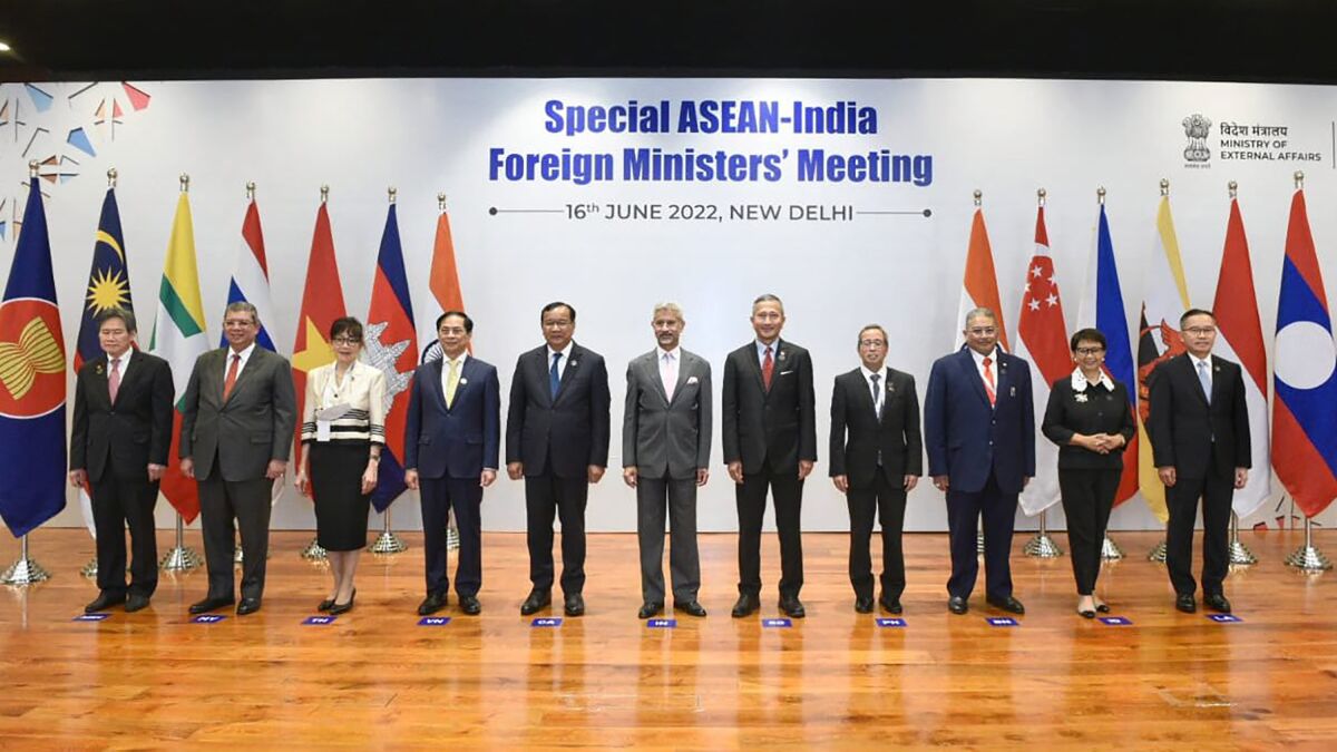 In this photo provided by Indian Foreign Minister S. Jaishankar's Twitter handle, Jaishankar, center, stands with Southeast Asian foreign ministers at the start of a meeting in New Delhi, India, Thursday, June 16, 2022. Jaishankar said India and the Association of Southeast Asian Nations face geopolitical headwinds from the war in Ukraine and its knock-on effects on food and energy security as well as fertilizer and commodities prices and logistics and supply chain disruptions. (Indian Foreign Minister S. Jaishankar's Twitter handle via AP)