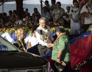 Samoan Prime Minister Tuilaepa Sailele Malielegaoi shakes hands with Robert F. Kennedy Jr. during his 2019 visit.