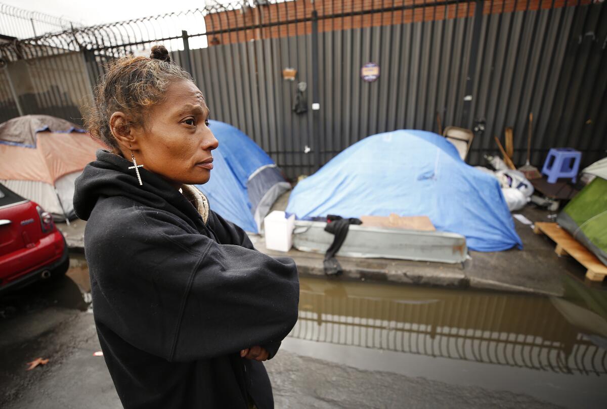 Margaret Wiley outside her tent on skid row