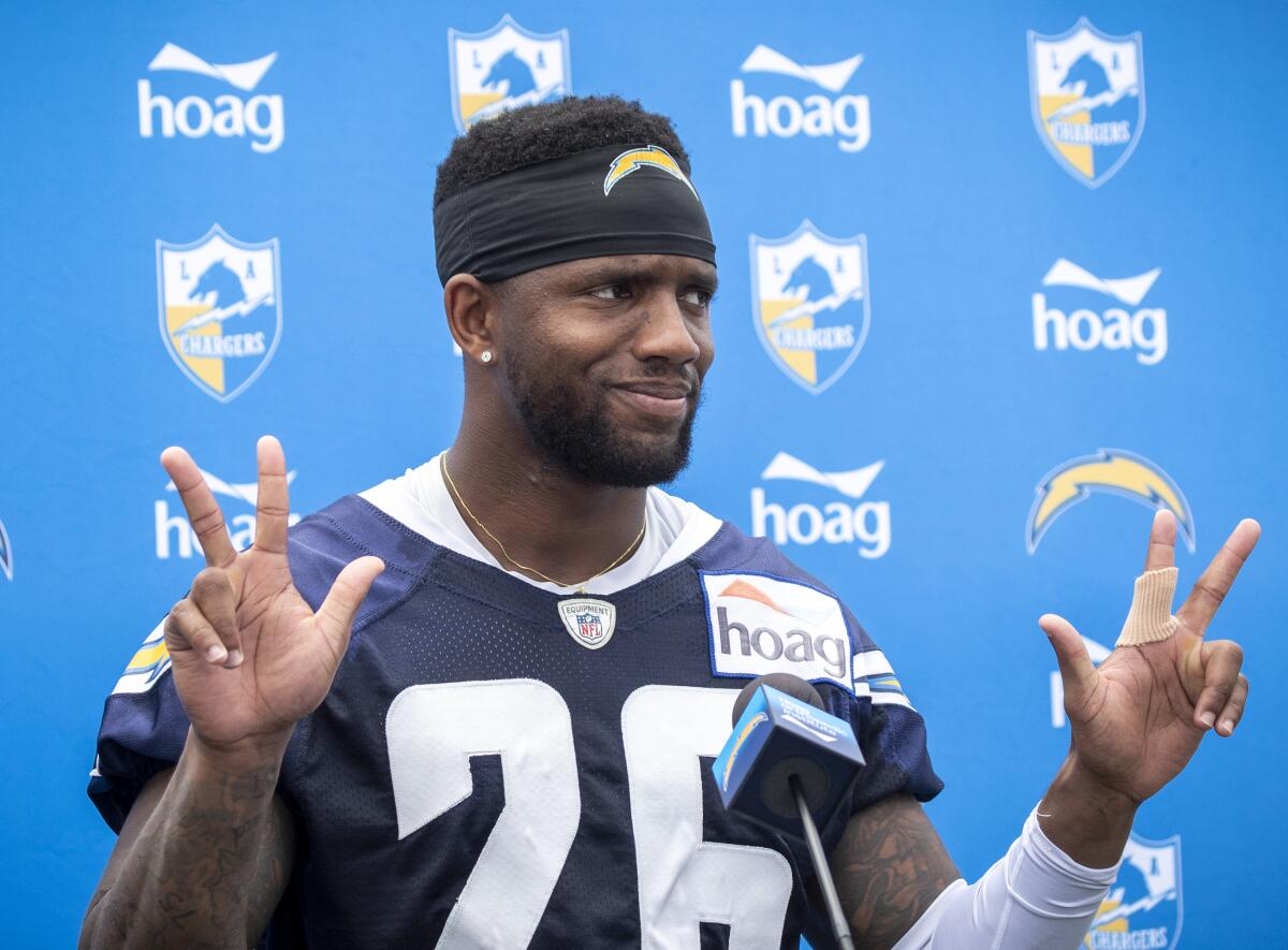 Chargers cornerback Casey Hayward gestures. 