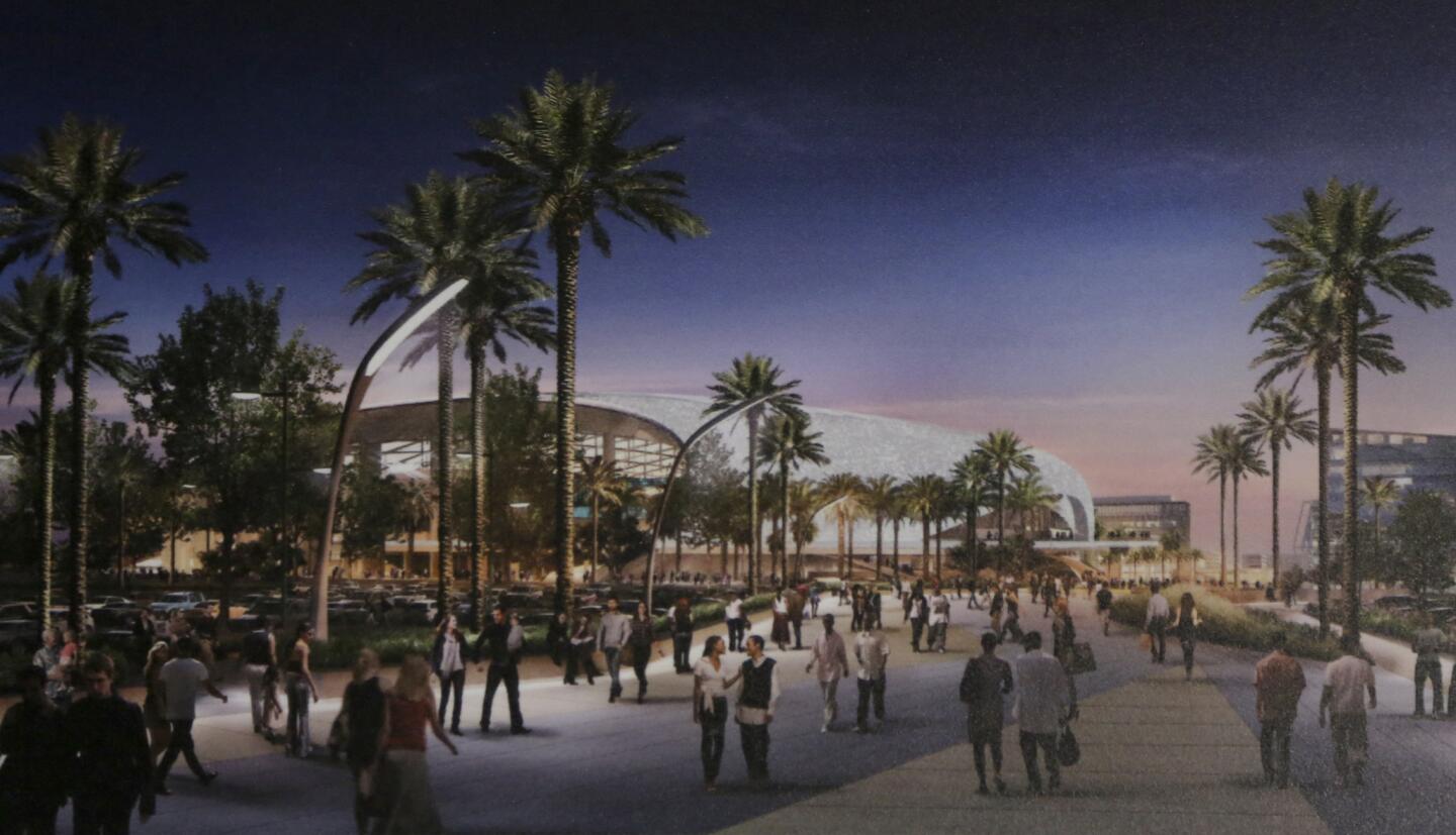 A rendering of the plans to develop the site at the former Hollywood Park in Inglewood as a sports, retail and entertainment venue that will include an NFL stadium.