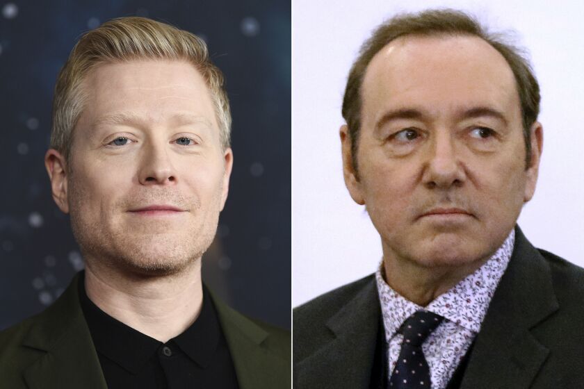 Actor Anthony Rapp attends the "Star Trek: Discovery" season two premiere in New York on Jan. 17, 2019, left, and actor Kevin Spacey is seen during his arraignment on a charge of indecent assault and battery in Nantucket, Mass., on Jan. 7, 2019. On Wednesday, Sept. 9, 2020, Rapp was one of two men who filed a lawsuit against Spacey, accusing the actor of sexual assaults in the 1980s when he and the other plaintiff, who is known as "C.D." were teens. (AP Photo, File)