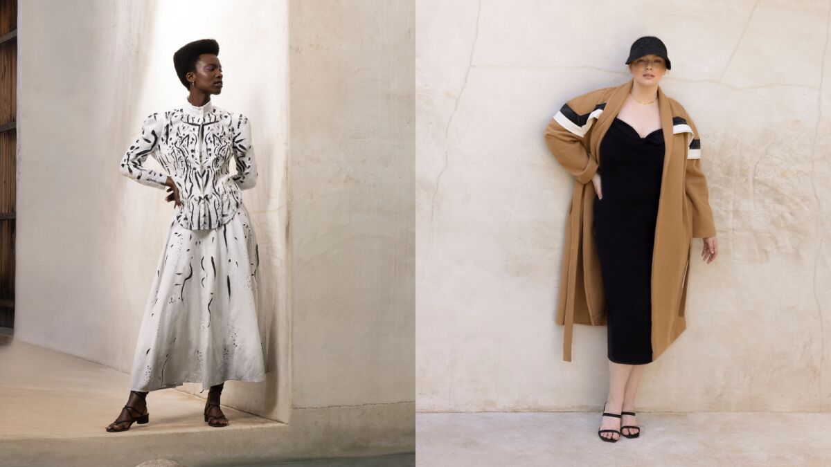 A diptych of two women, one in a white blouse and skirt and the other in a camel-colored coat over a black dress.