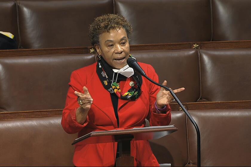 FILE - In this April 23, 2020, file image from video, Rep. Barbara Lee, D-Calif., speaks on the floor of the House of Representatives at the U.S. Capitol in Washington. The Democratic-led House, with the backing of President Joe Biden, is expected to approve legislation Thursday, June 17, 2021, to repeal the 2002 authorization for use of military force in Iraq. (House Television via AP)