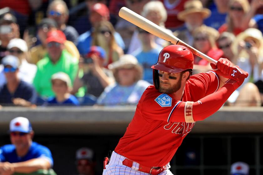 CLEARWATER, FLORIDA - MARCH 09: Bryce Harper #3 of the Philadelphia Phillies hits in the first inning during a game against the Toronto Blue Jays on March 09, 2019 in Clearwater, Florida. (Photo by Mike Ehrmann/Getty Images)